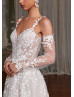 Beaded Ivory 3D Leaf Lace Tulle Romantic Wedding Dress